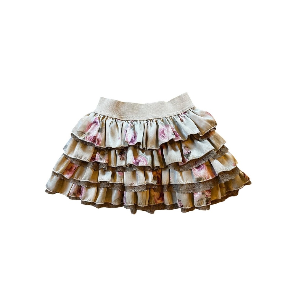 Monnalisa Girls Floral Tiered Ruffle Skirt Lace‎ Trim Made in Italy Size 4